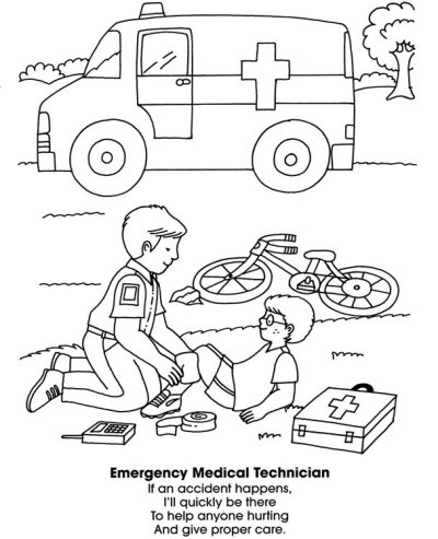 An EMT tending to an injured boy near his bicycle and ambulance,first aid kit, illustration.