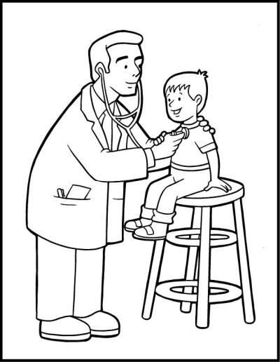 Illustration of a doctor listening to a child's heart with a stethoscope. The child sits on a stool for the examination.