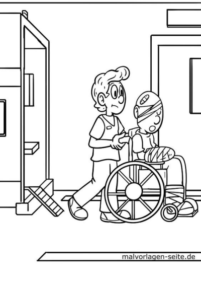 Illustration of a doctor assisting an injured patient with bandages on his head and arm, sitting in a wheelchair in a hospital.