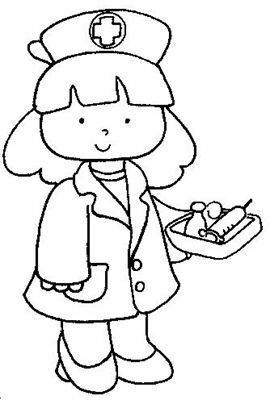 A cute cartoon of a little girl dressed as a nurse, complete with a nurse's hat, uniform, and a tray of medical supplies.