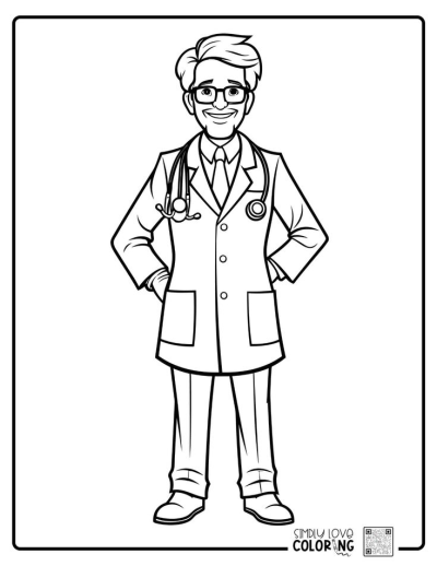 A line art drawing of a cheerful doctor with glasses and a stethoscope, smiling confidently. Perfect for creative projects and educational materials.