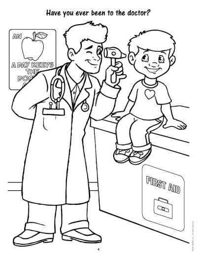 Illustration of a doctor examining a young patient with an otoscope. The image contains a first aid kit and a sign.