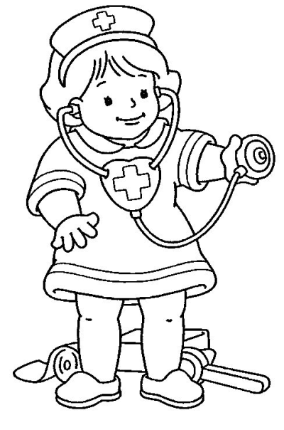 Cartoon illustration of a young doctor wearing a stethoscope, with medical tools at her feet. Black and white outline drawing.