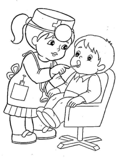 Cartoon illustration of a doctor examining a young patient. The child sits in a chair while the doctor checks their mouth.