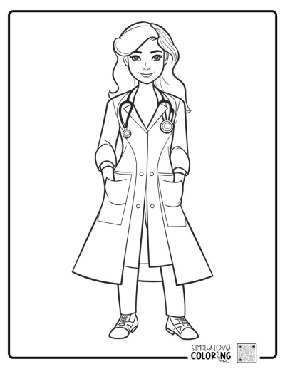 Line art illustration of a female doctor with a stethoscope and lab coat. Perfect for educational resources, healthcare or career-themed designs.