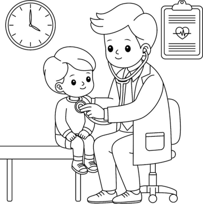 An illustration of a doctor examining a young child with a stethoscope, with a clock and medical chart in the background.