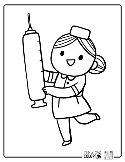 Cute cartoon-style drawing of a nurse holding a large syringe, showcasing a cheerful medical professional in a simplified design.