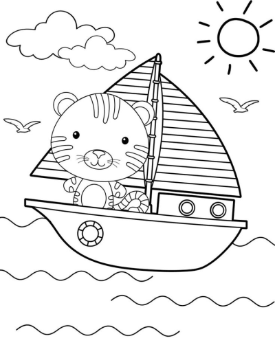 A sweet cartoon image of a tiger cub sailing a boat under a smiling sun, accompanied by seagulls and fluffy clouds.