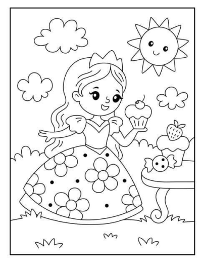 Outline illustration of a princess holding a cupcake with sun, clouds, and a table with sweets, perfect for coloring books or creative projects.