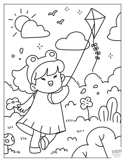 Illustration of a girl with a frog hat flying a kite in a sunny day, surrounded by clouds and flowers.