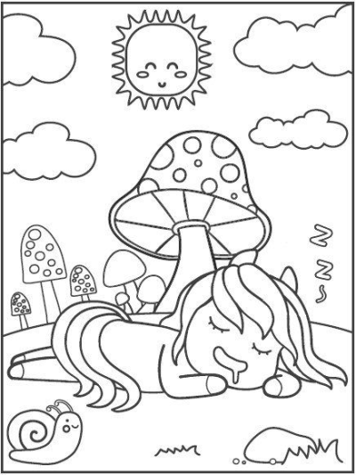 Line art of a sleeping pony near mushrooms, accompanied by a snail, clouds, and a smiling sun.  Illustrates a whimsical dream scene.