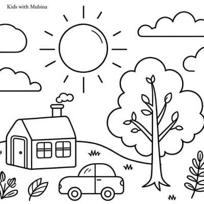 Black and white drawing of a house with smoke from the chimney, a car, a tree, the sun, and clouds for kids illustration.