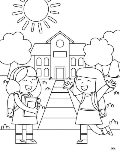 Illustration of two happy school girls with backpacks walking to school on a sunny day. Vector illustration.