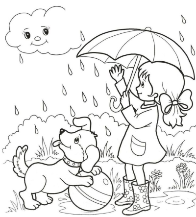 Illustration of a girl with an umbrella, a dog with a ball, and a smiling cloud on a rainy day.