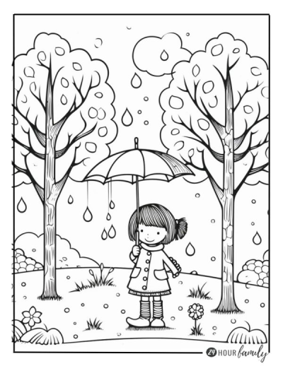 Line drawing of a smiling girl holding an umbrella under a light rain, standing between trees and small flowers.