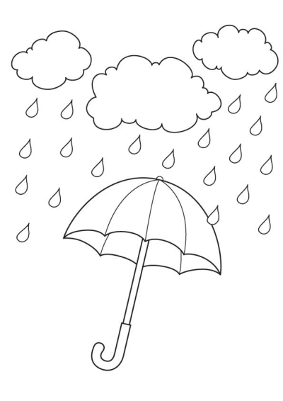 Outline illustration of an umbrella sheltering from falling raindrops beneath fluffy clouds. Weather illustration of a rainy day.