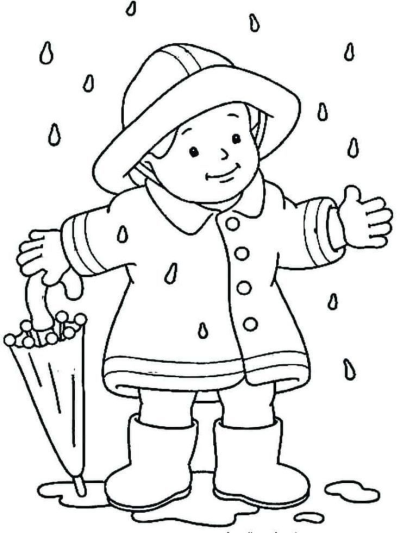 Illustration of a cute child in a raincoat, hat, and boots, holding an umbrella in the rain. 