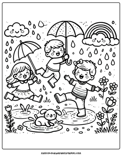 Line art of children playing in the rain with umbrellas, puddles, and a dog enjoying the rainy day. A rainbow shines with smiling clouds.