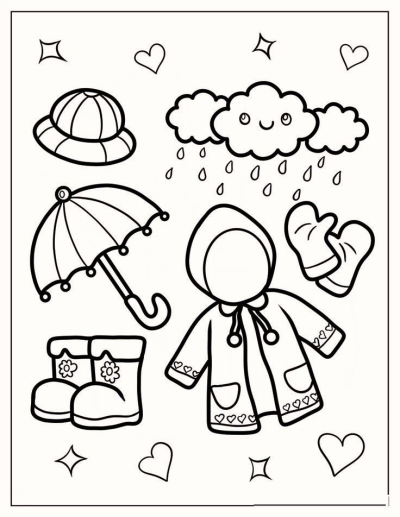 Outlined rainy day image featuring an umbrella, boots, raincoat, and mittens, perfect for coloring or educational activities, vector design.