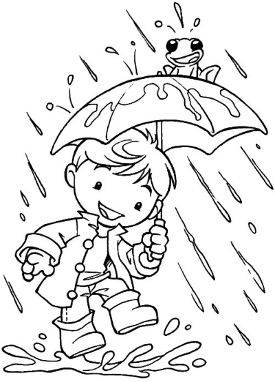 Illustration of a boy holding an umbrella with a frog on top in the rain, making a splash. 