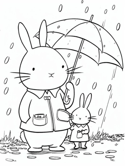 A sweet illustration of a bunny father holding an umbrella to protect his child in the rain, a heartwarming scene of familial love.