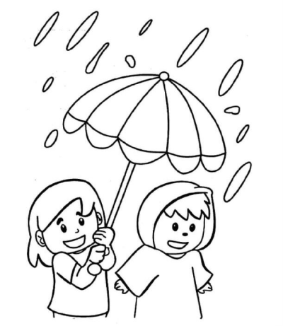 Illustration of two happy children under an umbrella, enjoying a rainy day. Cartoon style image with raindrops falling.