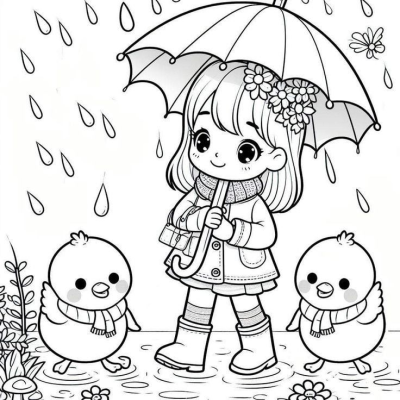 Cute outlined illustration of a girl with umbrella in the rain accompanied by two adorable chicks wearing scarves, ideal for creative projects.