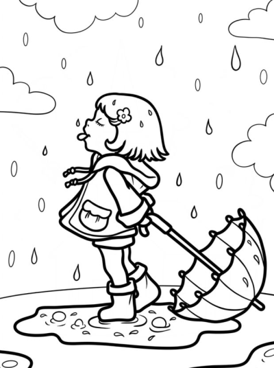 A drawing depicts a girl in raincoat and boots catches raindrops on her tongue, holding umbrella near a puddle on a rainy day.
