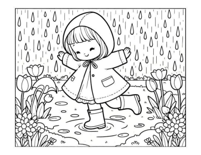 Illustration of a happy girl in raincoat and boots,playing in puddles on a rainy day with flowers and umbrella around her.