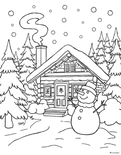 Illustration of a winter scene with a cozy cabin, a smiling snowman, snow-covered evergreen trees and falling snow, perfect for winter-themed project