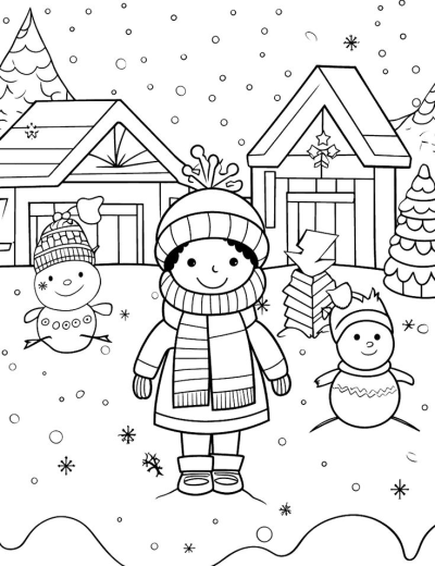 A winter scene with a child in snow gear standing in front of houses, snowmen, and snowflakes. Black and white outline illustration.