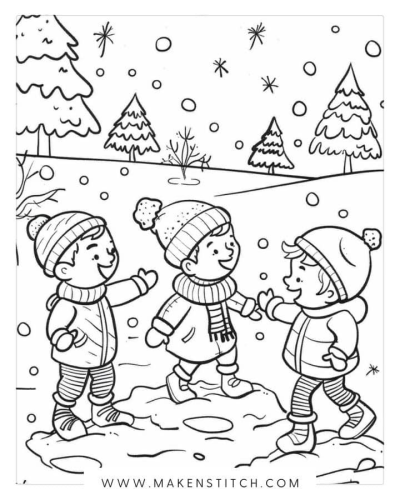 Illustration featuring children playing in the snow with trees and snowflakes in the background. Perfect for winter-themed crafting.
