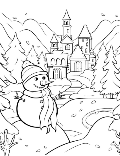 Illustration of a snowman with a castle, mountains, and pine trees in the background. Ideal for winter themes.