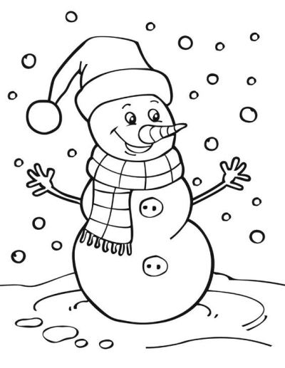 Illustration of a cheerful snowman wearing a hat and scarf, standing in the snow with snowflakes falling around him.