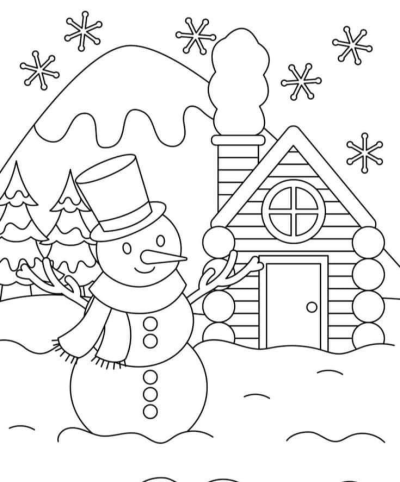 A cozy winter scene featuring a smiling snowman, a log cabin with a chimney, snowy mountains, and falling snowflakes.