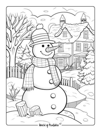 A delightful illustration of a snowman wearing a scarf and hat, standing in front of a house. 