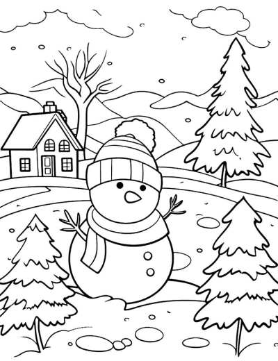Cute snowman with hat and scarf in a winter landscape with house and trees. A simple drawing for kids