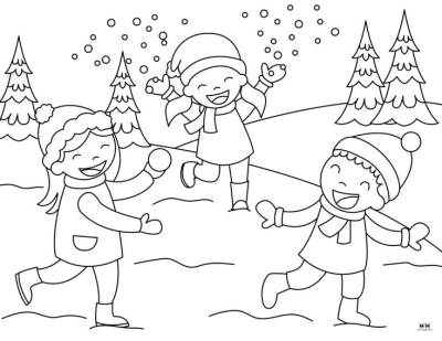 Illustration of children playing in the snow, enjoying a winter day near pine trees with snow falling on them.