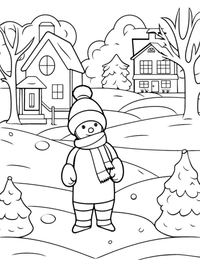 A cute winter scene featuring a snowman with a hat and scarf, surrounded by snow-covered houses and trees. 