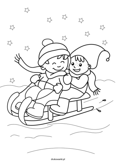 A cute outline image of two happy children bundled in winter clothes, sledding beneath a sky full of stars, perfect for a winter activity.