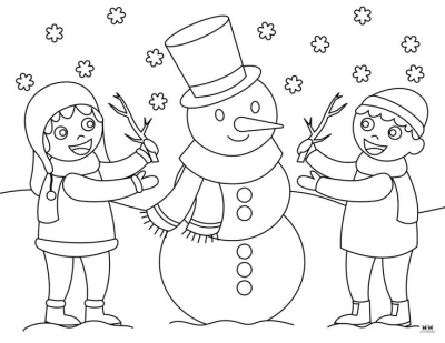 Illustration of two kids making a snowman on a snowy day, featuring a traditional snowman with a hat, scarf, and carrot nose.