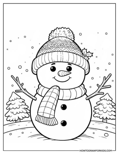 Illustration of a smiling snowman wearing a patterned hat with a pompom and a scarf, standing between two Christmas trees.