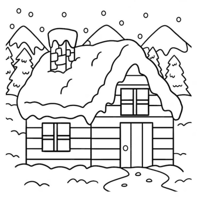 Winter scene illustration of a cozy cottage covered in snow, nestled amongst mountains and trees with snowflakes falling from the sky.