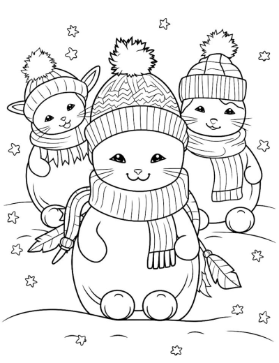 Outline drawing of three cute cats wearing winter hats and scarves, standing together in a snowy scene, adorable line art illustration.