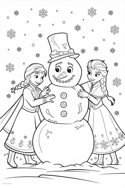 Anna and Elsa from Frozen are building a snowman, with snowflakes falling around them. Line art illustration.