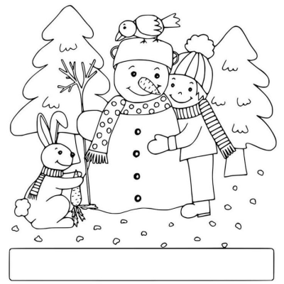 A winter scene featuring a snowman, a child in winter clothes, a rabbit with a scarf, and a bird on the snowman's head.