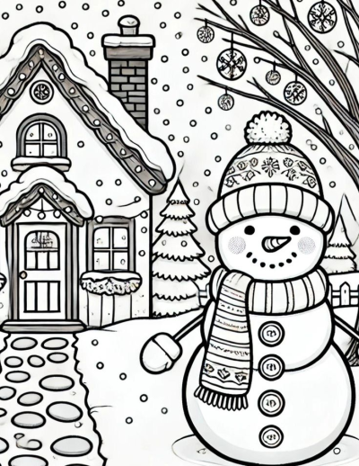 A charming winter scene featuring a smiling snowman with a house in a snowy landscape, snowflakes falling from bare tree branches.