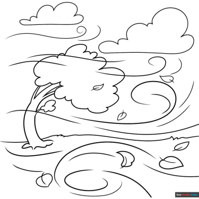 Cartoon illustration of a windy day showing a tree bending, clouds, and leaves blowing in the wind. Easy drawing guides.