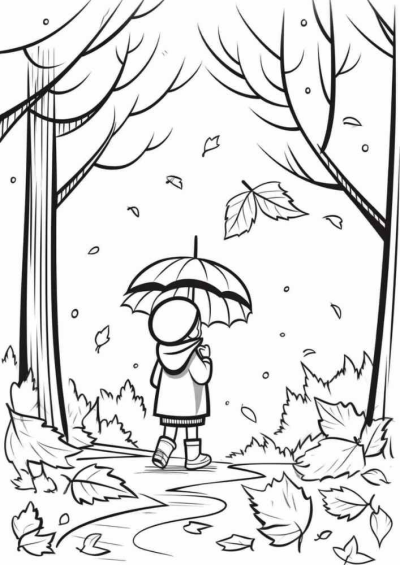 Illustration of a girl with an umbrella on a windy day, surrounded by falling leaves in a cartoon style. Represents the Windy6 image.