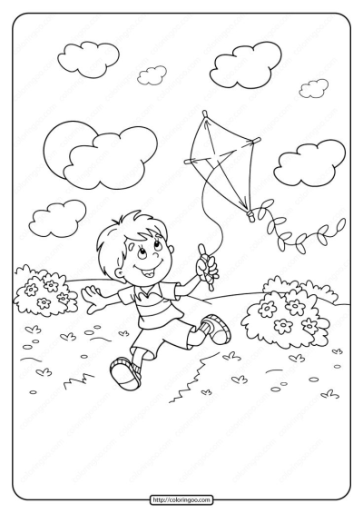 A cheerful boy runs across a park holding a kite string, outlined with clouds and bushes. A black and white illustration for coloring.